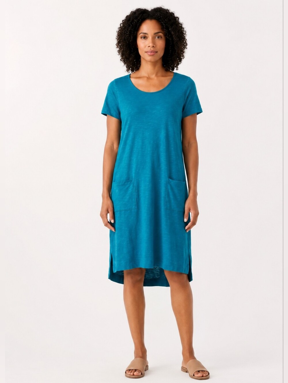 Eileen Fisher Organic Cotton Hemp Blend Lagenlook Midi Dress Teal With Pockets S